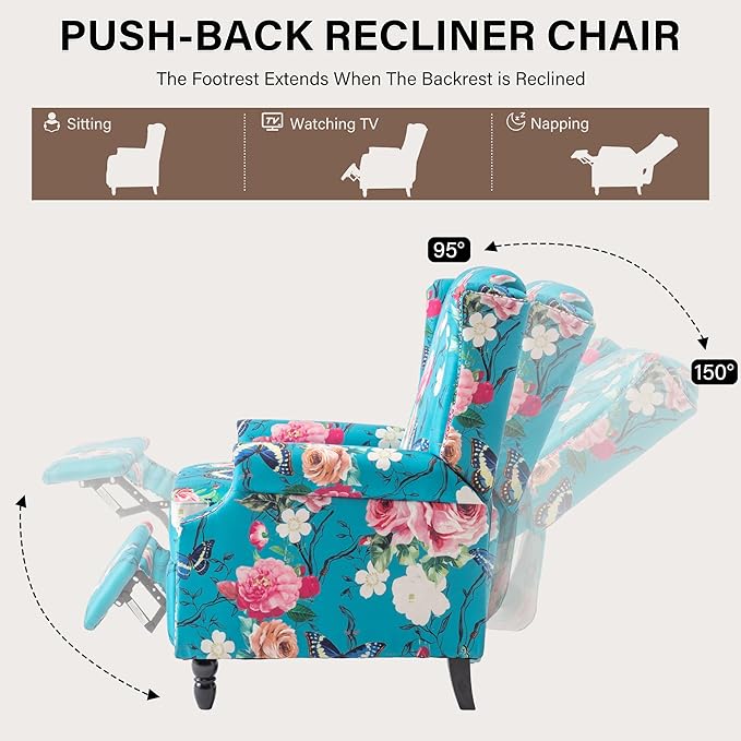 UIXE Pushback Floral Recliner Chairs Set of 2, Fabric Upholstered Armchair Push Back Accent Chair for Living Room, Rivet Trim Club Chair Single Sofa Bedroom Side Reading Seat - Peacock Blue