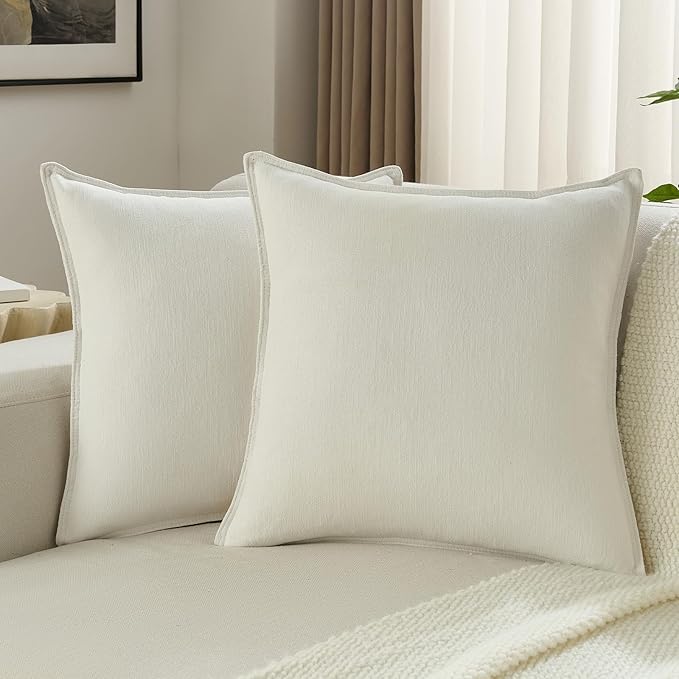 FUTEI Cream White Chenille Throw Pillow Covers 24x24 Inch Set of 2,Edges Double-Stitched European Cushion Cases,Modern Home Decor for Couch Living Room