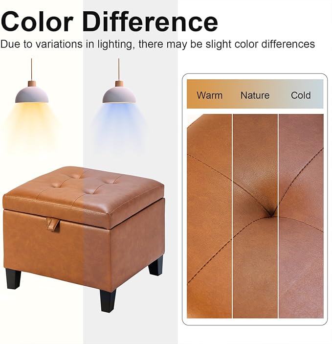 Asense 17 Inch Storage Ottoman Foot Rest,Square Faux Leather Foot Stool,Small Ottoman with Storage,Padded Seat for Entryway,Living Room,Bedroom,Couch,Under Desk,Cognac Brown