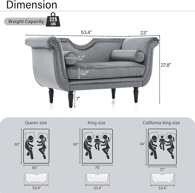 Christopher Knight Home Aurora Velvet Chaise Lounge Indoor with 2 Bolster Pillows, Upholstery Entryway Bench with Nailhead Trim & Curved Arms, End of Bed Bench Ottoman and Wooden Legs, Grey