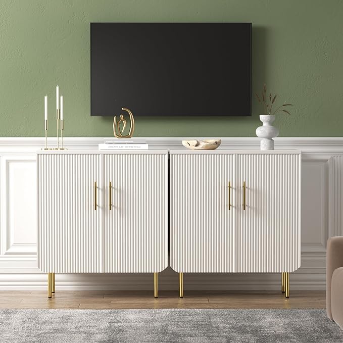 Buffet Cabinet with Storage, Sideboard with 2 Doors, Adjustable Shelf, Fluted Accent Cabinet for Living Room, Modern,White
