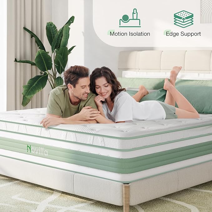 Novilla King Mattress, 12 Inch Hybrid Mattress in a Box, High Density Base Foam with Pocket Coils for a Cozy Sleep, Pain Relief, Medium Firm King Size Mattress, Pillow Top Mattress, Motion Isolation