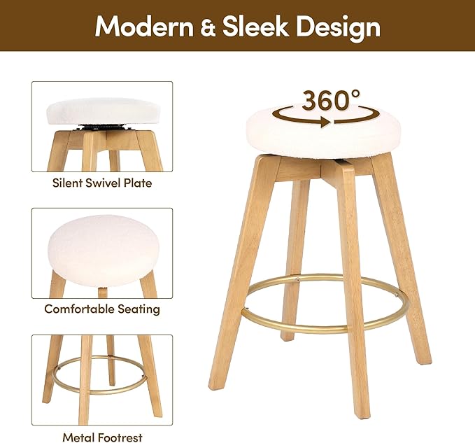 Swivel Premium Solid Wood Counter Stool 25", 360° Rotating Upholstered Cushion, Backless Bar Chair for Island, Pub, Kitchen, Dining Room (Light Oak)
