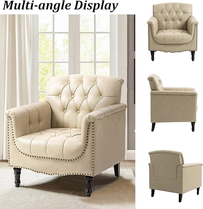 Faux Leather Accent Chair, PU Leather Modern Comfy Upholstered Armchair with Wood Legs & Nailhead Trim for Living Room, Bedroom (Beige,Set of 2)