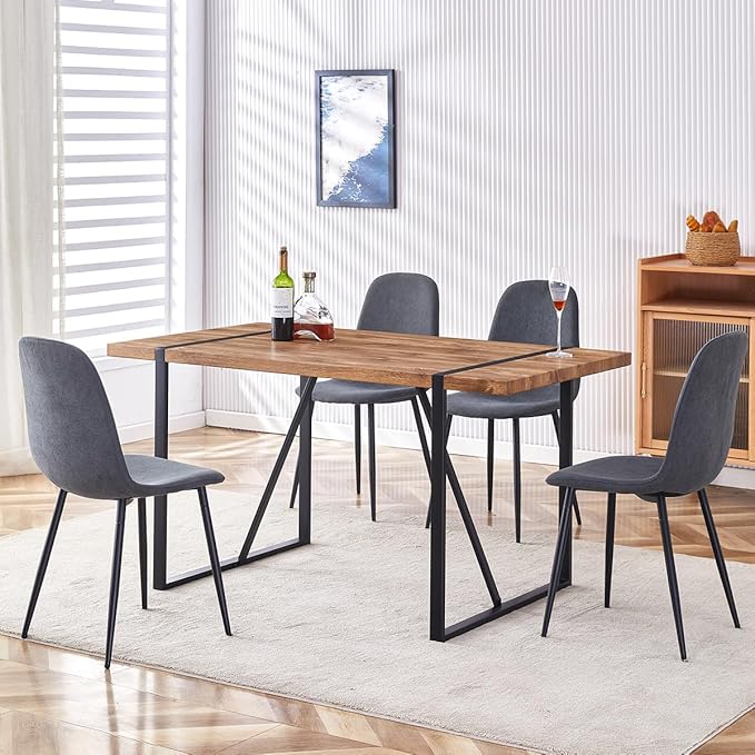 5 Piece Dining Table Set，Dinner Table Set for 4，55'' Kitchen Table and Suede Nap Fabic Chairs Set of 4, 4 Chair Dining Table Set for Kitchen Dining Room