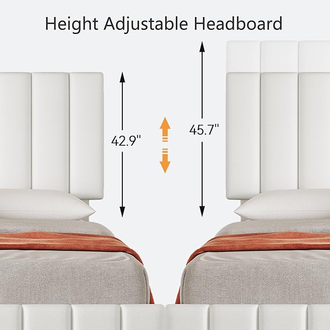Garvee Queen Size Bed Frame with 4 Storage Drawers, Adjustable Height Headboard, Linen Upholstered Platform Bed Frame, No Box Spring Needed, Easy Assembly, White