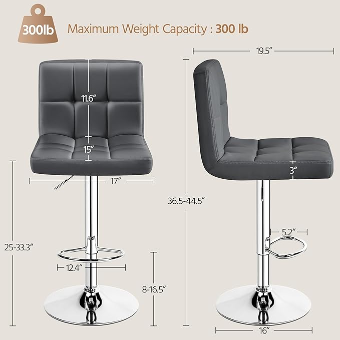 Yaheetech Bar Stools Set of 4, Adjustable Swivel Barstools with High Backrest, PU Leather Kitchen Island Chairs, Thickened Seat Cushion Counter Height Barstools, Grey