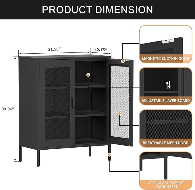 Black Metal Storage Cabinet with Mesh Doors, Small Office Storage Locker with 2 Adjustable Shelves, Accent Metal Locker Cabinet for Home, Office, Living Room, Hallway