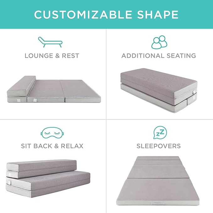 Best Choice Products 4in Portable Twin XL-Size Mattress, Tri-Fold Mattress for Camping, Guest, Toddler, Foam Plush w/Carry Case - Grey