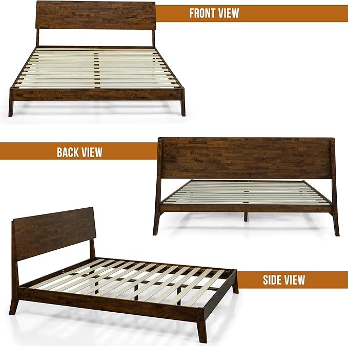 Acacia Serenity King Size Bed Frame, King Bed Frame with Headboard 800 lbs Capacity Natural Wood Bed All Mattress Support & No Box Spring Needed, Wood Slats Support Wooden BedFrame King, Walnut