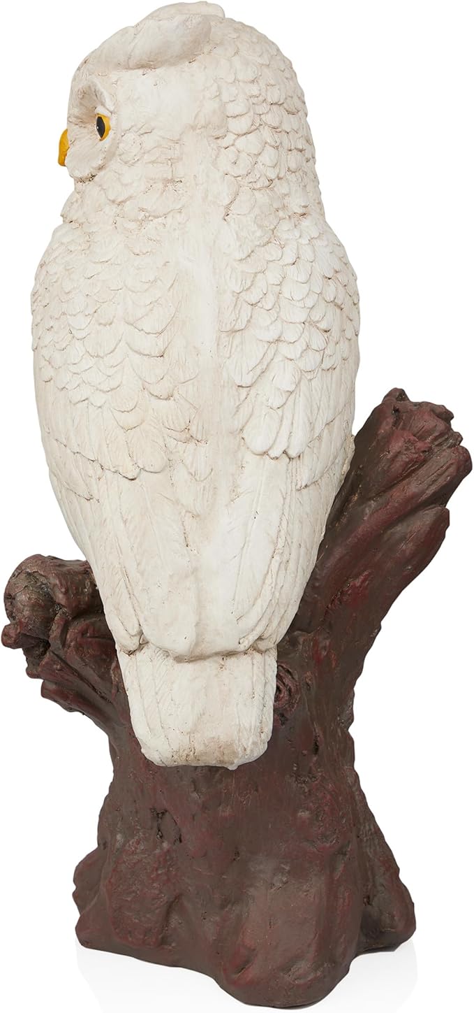 Alpine Corporation JUM584 Indoor Outdoor Life Like Owl on Tree Trunk Garden Static, Rustic Owl Statue for Yard, 28" Tall, White