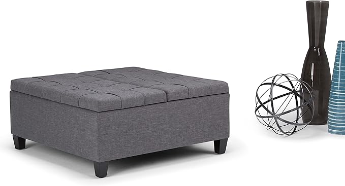 SIMPLIHOME Harrison Coffee Table Storage Ottoman - 36 inch Wide Upholstered Linen Look Fabric Square Lift-Top Ottoman in Slate Grey, Transitional Ottoman for Living Room with Hidden Storage