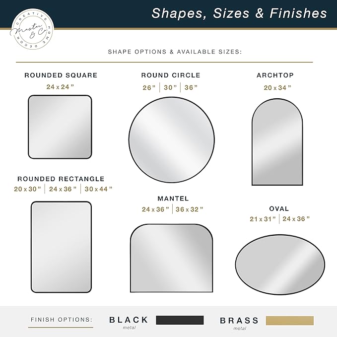 MCS Master & Co. Modern Metal Large Wall Mirror, Minimalist Home Decor Mantle Arch Mirror for Living Room, Bedroom, or Bathroom, 24 by 36 Inch, Black