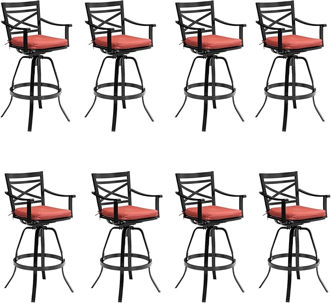 Pellebant 30 Inch Sunbrella Outdoor Bar Stools Set of 8, Aluminum Swivel Patio Bar Height Bar Stools with Back & Footrest, for Deck Lawn Garden(Red)