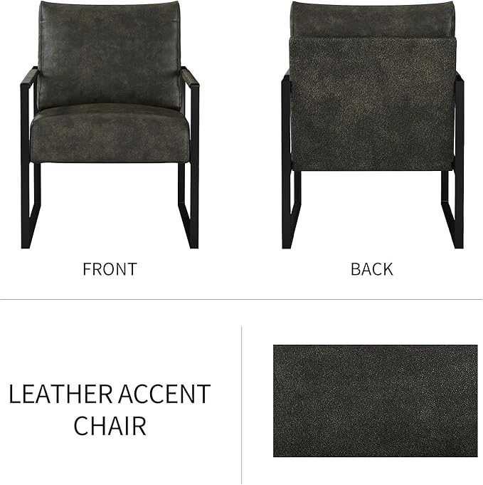 CANMOV Mid Century Modern Accent Chair, PU Leather Armchair with Metal Frame,Comfy Single Reading Chair with Soft Padded Backrest and Cushion for Living Room, Bedroom,Reading Room,Office,Dark Grey