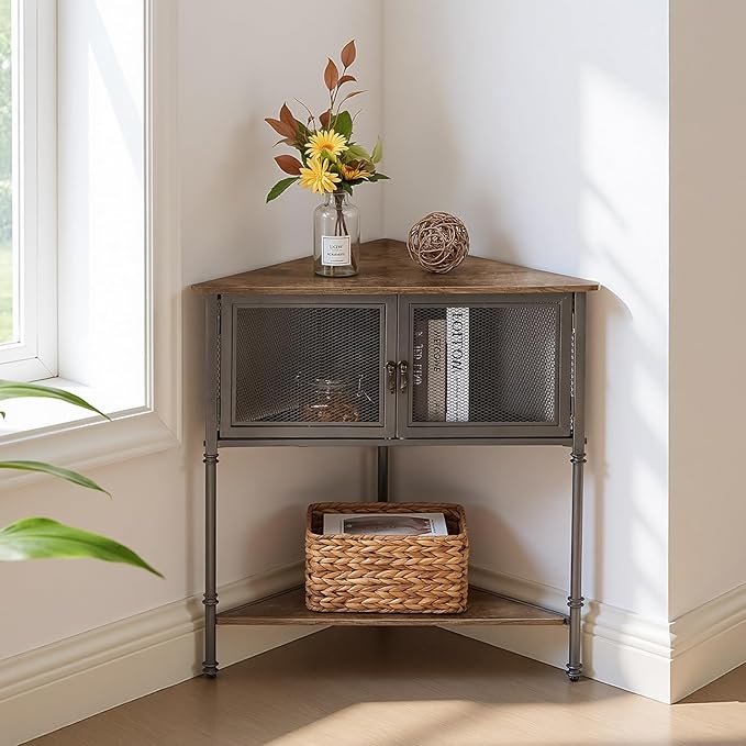 VECELO 3 Tier Corner Shelf,Corner Table with Mesh Door and Open-Shelf,Corner Cabinet Stand,Metal Frame Organizer Display Storage Shelves for Bedroom,Living Room,Kitchen,Bathroom