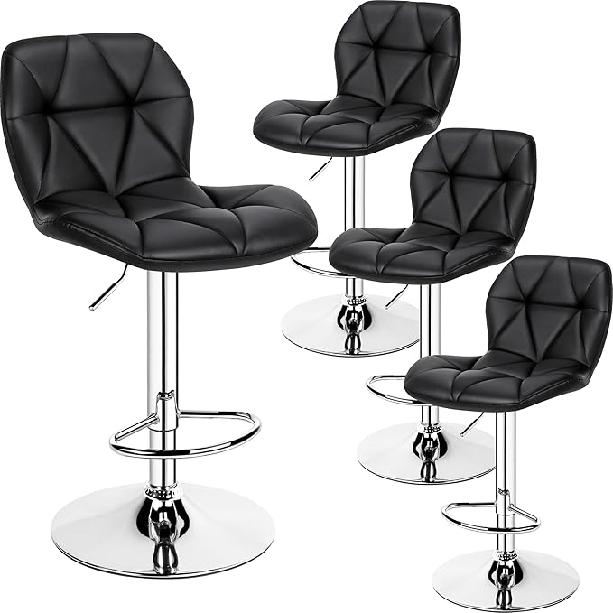 Yaheetech Bar Stools Set of 4, Adjustable PU Leather Swivel Barstools, Modern Counter Stools with Back and Footrest, Counter Height Barstools for Bar, Kitchen, Dining Room, Black