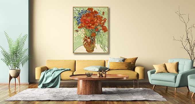 Wieco Art Large Framed Wall Art of Red Poppies and Daisies by Van Gogh Paintings Reproduction Abstract Canvas Prints for Home Living Room Decorations Bronze Gold Frame