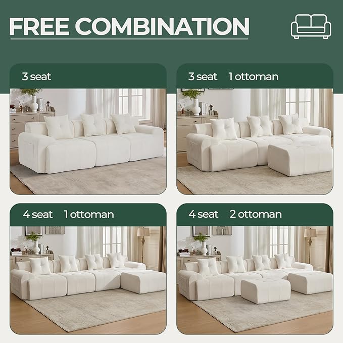 101.65” Modular Sectional Couch for Living Room, 3-Seater Cloud Sofa with Deep Seat, Woven Texture Upholstery Boneless Couch, No Assembly, Beige