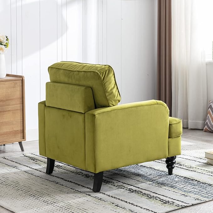 Velvet Upholstered Accent Chair Modern Single Sofa Chair with Thick Removable Back Cushion and Black Printed Legs Armchair for Living Room/Bedroom/Reading Room, Olive Green
