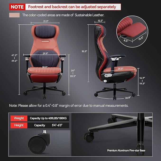 EMIAH Ergonomic Office Chair with Foot Rest Electric Reclining Office Chair with Adjustable Headrest, 8D Coordinated Armrests High Back Computer Chair with Lumbar Support（Red）