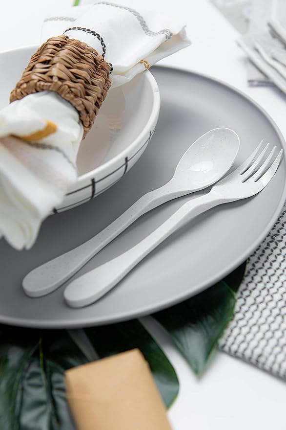 KNORK Eco 24 Piece (Fork, Knife, Spoon) Plant Based Cutlery, Reusable Bamboo Flatware Set, White