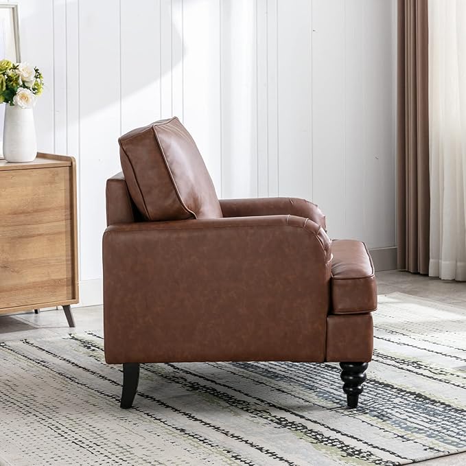 PU Leather Upholstered Accent Chair Modern Single Sofa Chair with Thick Removable Back Cushion and Black Printed Legs Armchair for Living Room/Bedroom/Reading Room, Brown