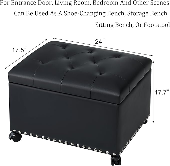 Leather Storage Ottoman Bench with 360° Caster Wheels, 24" Black Rectangle Rolling Ottoman with Storage, Foot Rest Bench Rectangle Ottomans Stool for Living Room Bedroom