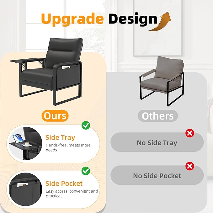 Faux Leather Accent Chair Set of 2, Upholstered Armchair with Side Tray & Pocket, Comfy Reading Chair for Living Room, Bedroom, Guest Room, Black