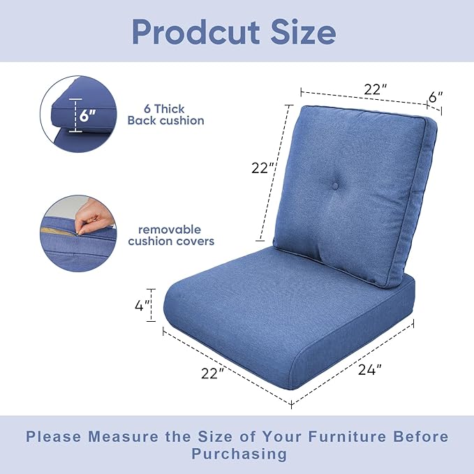 Patio Chair Cushions 6 Packs - Outside High Back Water-Resistant Cushion 22x24 with Zipper Cover for Outdoor Glider Rocking Chairs Loveseat 3-Seater Couch Sofa – Blue/Buckle
