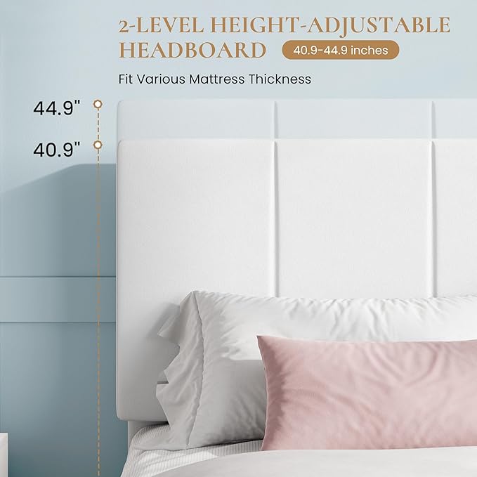 SHA CERLIN King Size Bed Frame, Velvet Upholstered Platform Bed, Vertical Channel Tufted Adjustable Headboard, Low Profile Bed Frame, No Box Spring Needed, Easy Assembly, White