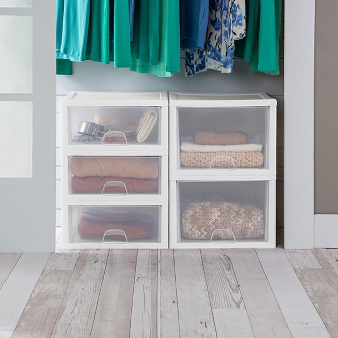 Sterilite 16-Pack 27 Quart Stacking Drawer, Clear Storage Closet Organizer, White Frame - Stackable Modular Plastic Drawers for Clothes, Accessories, Craft Supplies, Shoes or Linens