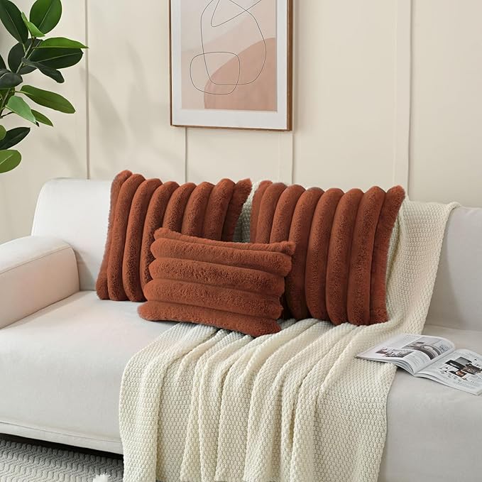 FUTEI Rust Decorative Throw Pillow Covers 24x24 Inch Set of 2, Square Soft Faux Rabbit Fur Big Striped Pillow Sham,Home Decor for Couch Sofa Bed Living Room