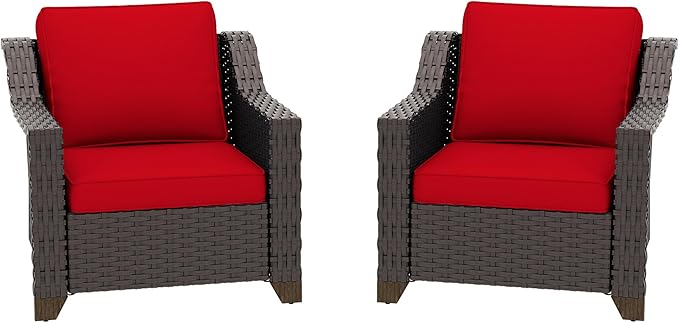 Patio 2 Pieces Wicker Chairs Set of 2，Outdoor PE Rattan Armchairs, Water-Resistant Cushions with Removable and Washable Covers, Porch, Balcony, Sunroom (Red)