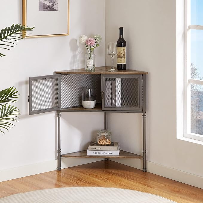 VECELO 3 Tier Corner Shelf,Corner Table with Mesh Door and Open-Shelf,Corner Cabinet Stand,Metal Frame Organizer Display Storage Shelves for Bedroom,Living Room,Kitchen,Bathroom