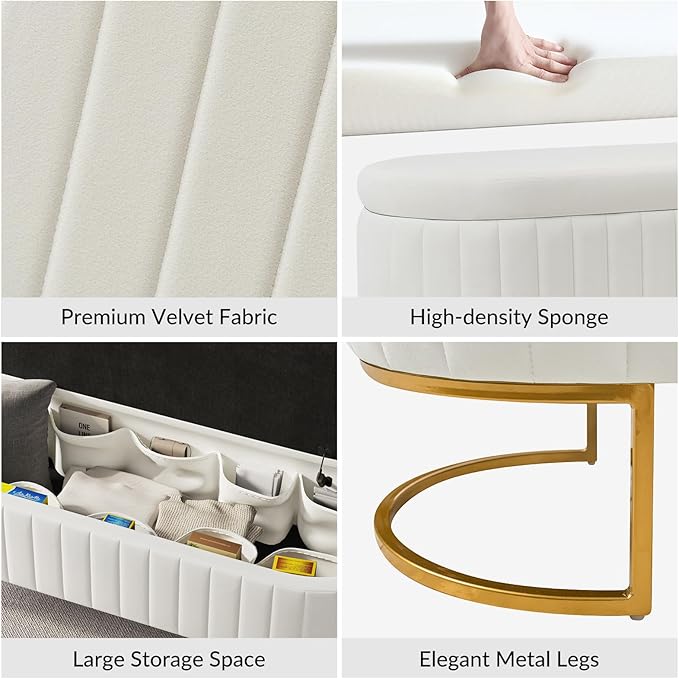 EcoHarbor Living 55.5" Storage Bench Ottoman End of Bed Bench Bedroom Bench, Upholstered Velvet Long Window Bench Large King Size with Gold Legs, Flipping Lid Entryway Footrest