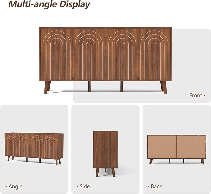 59" Buffet Cabinet with Storage, Modern Accent Sideboard Storage Cabinet with 4 Doors & Carving Lines, Wooden Coffee Bar Table Console for Living Room Kitchen Office and Hallway (Walnut)