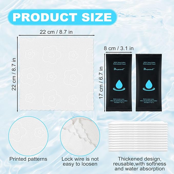 Moist Cotton Towel Bulk Moist Towelettes Individually Wrapped 8.7" x 8.7",White Towel Services,Refreshment Pre Moistened Towels for Travel Sport Party Spa Dentist (1 Count (Pack of 50), Unscented)