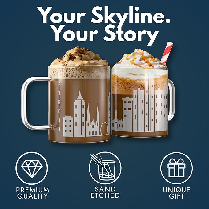 Greenline Goods – Detroit, MI Skyline Glass Coffee Mugs (Set of 2), 15 oz – Etched Wrap Design
