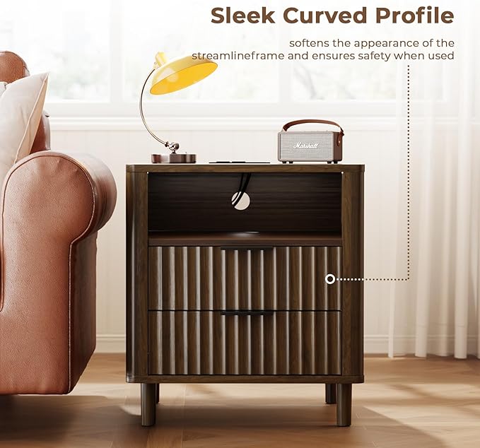 Fluted Nightstand with Charging Station, 2 Drawers Storage Bedside Table, Solid Wood Modern Nightstand with Open Shelf, Curved Profile Design, End Table for Indoor Room Bedroom Office, Walnut