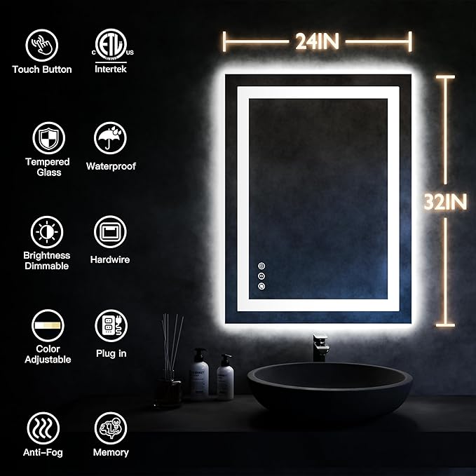 ISKM 32'' x 24'' LED Mirror for Bathroom Lighted Vanity Mirror for Wall Front Lights + Backlit LED Bathroom Mirror Anti-Fog Tempered Glass ETL Listed