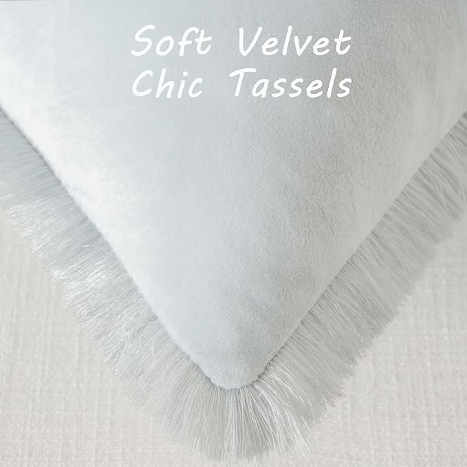 FUTEI Light Blue Velvet Decorative Throw Pillow Covers 26x26 Set of 2,Soft Cozy Edge with Tassels Euro Pillow Shams,Boho Modern Home Decor for Couch Bed Living Room