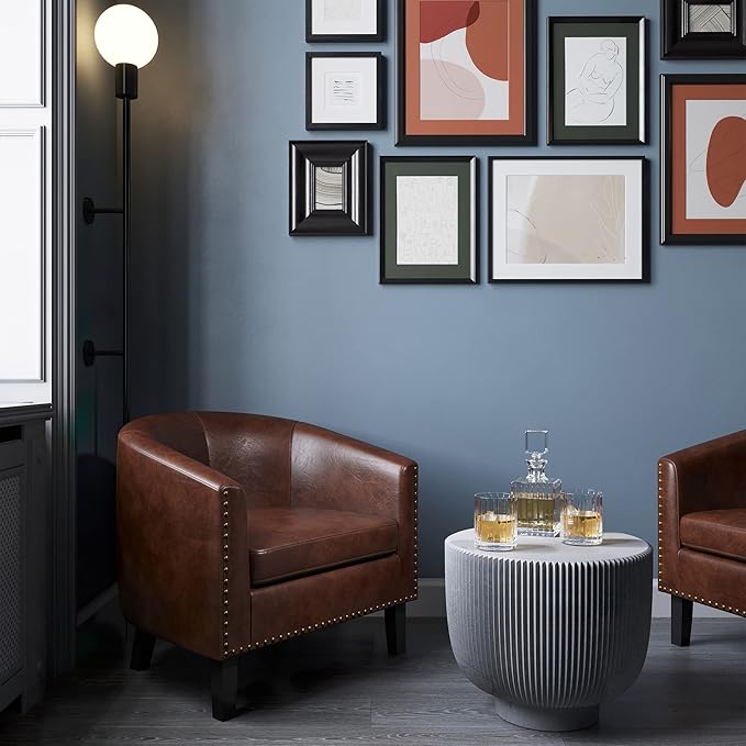 BELLEZE Accent Barrel Chair, Modern Faux Leather Tub Club Chair Upholstered Armchair with Gold Nail Head Trim and Black Legs for Living Room Bedroom Apartment Lounge - Brown