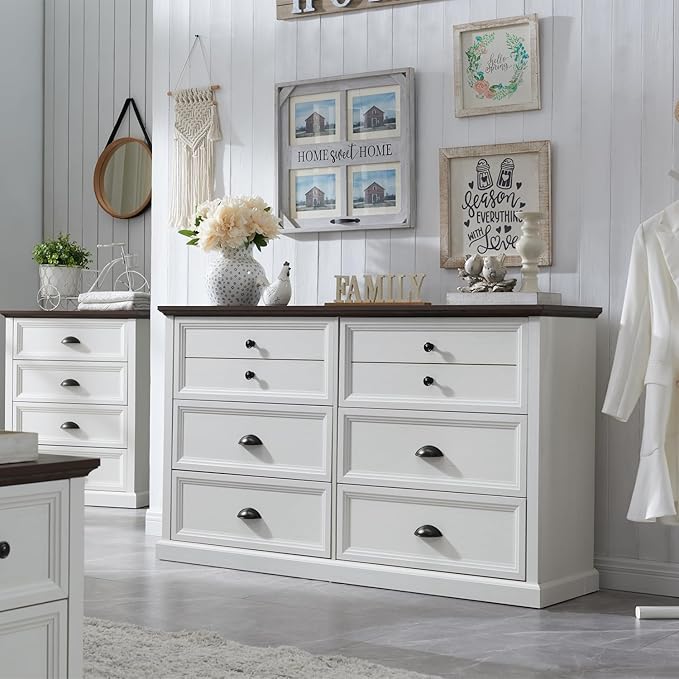 Farmhouse 6 Drawers Dresser for Bedroom, 58" Wide Dresser Chest of Drawers Organizer Storage, Wood Rustic Chest for Closet w/Two Different Drawer Sizes for Living Room, Hallway, White
