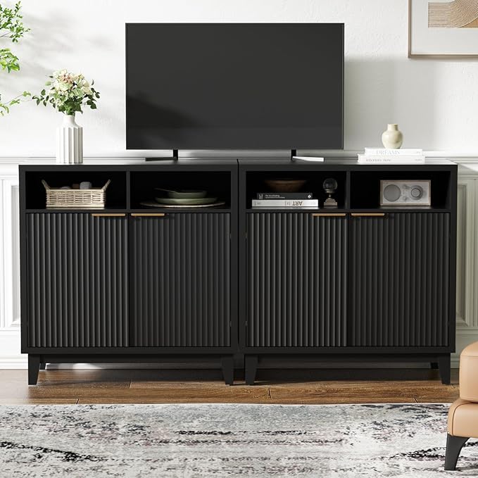 Buffet Cabinet with Storage - Elegant Fluted Storage Cabinet with Adjustable Shelves and Solid Wood Leg, Modern Buffet Sideboard for Living Room, Dining Room, Entryway