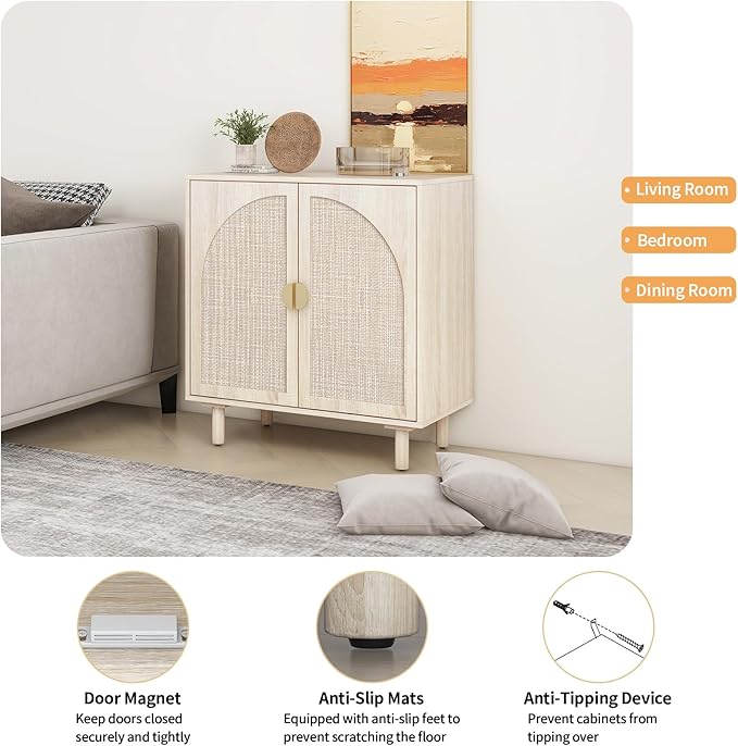 Beige Rattan Cabinet-2-Doors,Sideboard Buffet Cabinet with Storage-Accent Storage Cabinet with Cane Door, Boho Wood Credenza for Living Room, Kitchen,Dining Room or Office