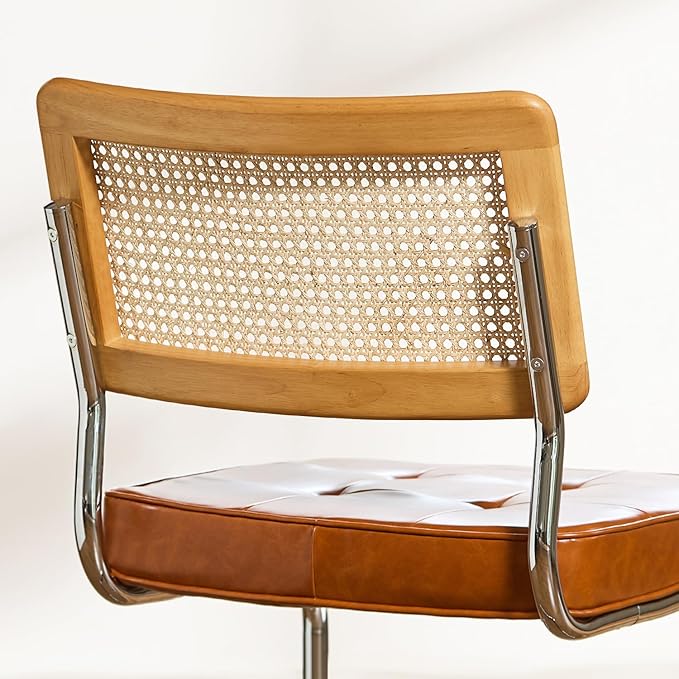 Brown Faux Leather Rattan Dining Chairs Set of 4, Wooden Mid Century Modern Dining Room Chairs, Mesh Back Cane Kitchen Chair, Cesca Design Chairs with Metal Chrome Legs
