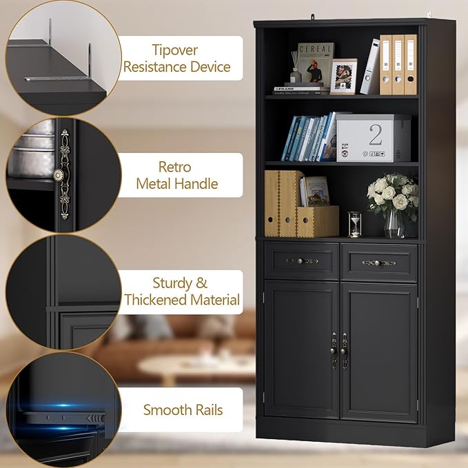 72'' Tall Bookcase with Doors and Drawers, Adjustable Shelves, P2 MDF Construction, 32'' Wide Freestanding Cabinet with Metal Handles, Hidden Storage for Living Room, Bedroom, Black