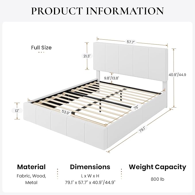 SHA CERLIN Full Size Bed Frame, Velvet Upholstered Platform Bed, Vertical Channel Tufted Adjustable Headboard, Low Profile Bed Frame, No Box Spring Needed, Easy Assembly, White