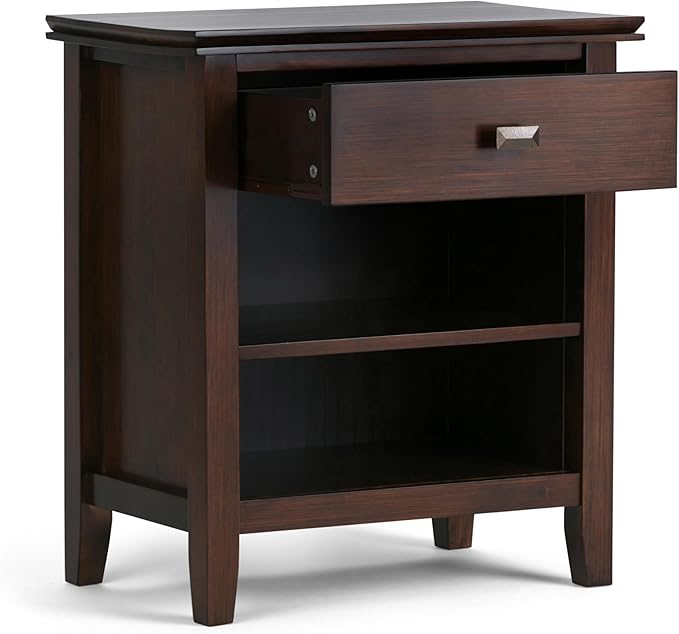 SIMPLIHOME Artisan Bedside Table - 24 inch Wide Solid Wood Nightstand Table in Russet Brown, Contemporary Bedroom Side or End Table with 1 Drawer, Open Shelf Storage and Bronze Knobs